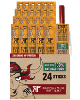 Righteous Felon front packaging showing 24-count high-protein pork sticks and bold branding benefit