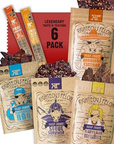 Righteous Felon variety pack front view showing six spicy jerky and sticks, bold snack option