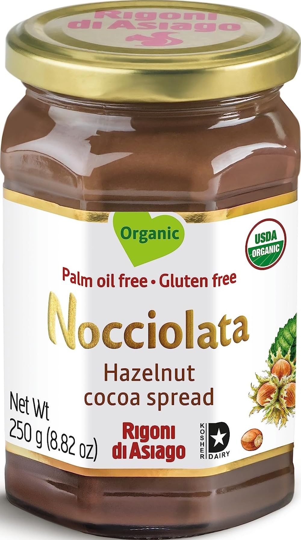 Rigoni di Asiago Nocciolata front jar showing label and serving suggestion benefit