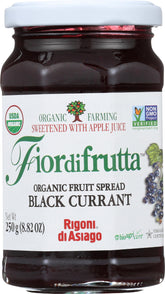 Rigoni di Asiago jar front showing Fiordifrutta black currant label and organic badge