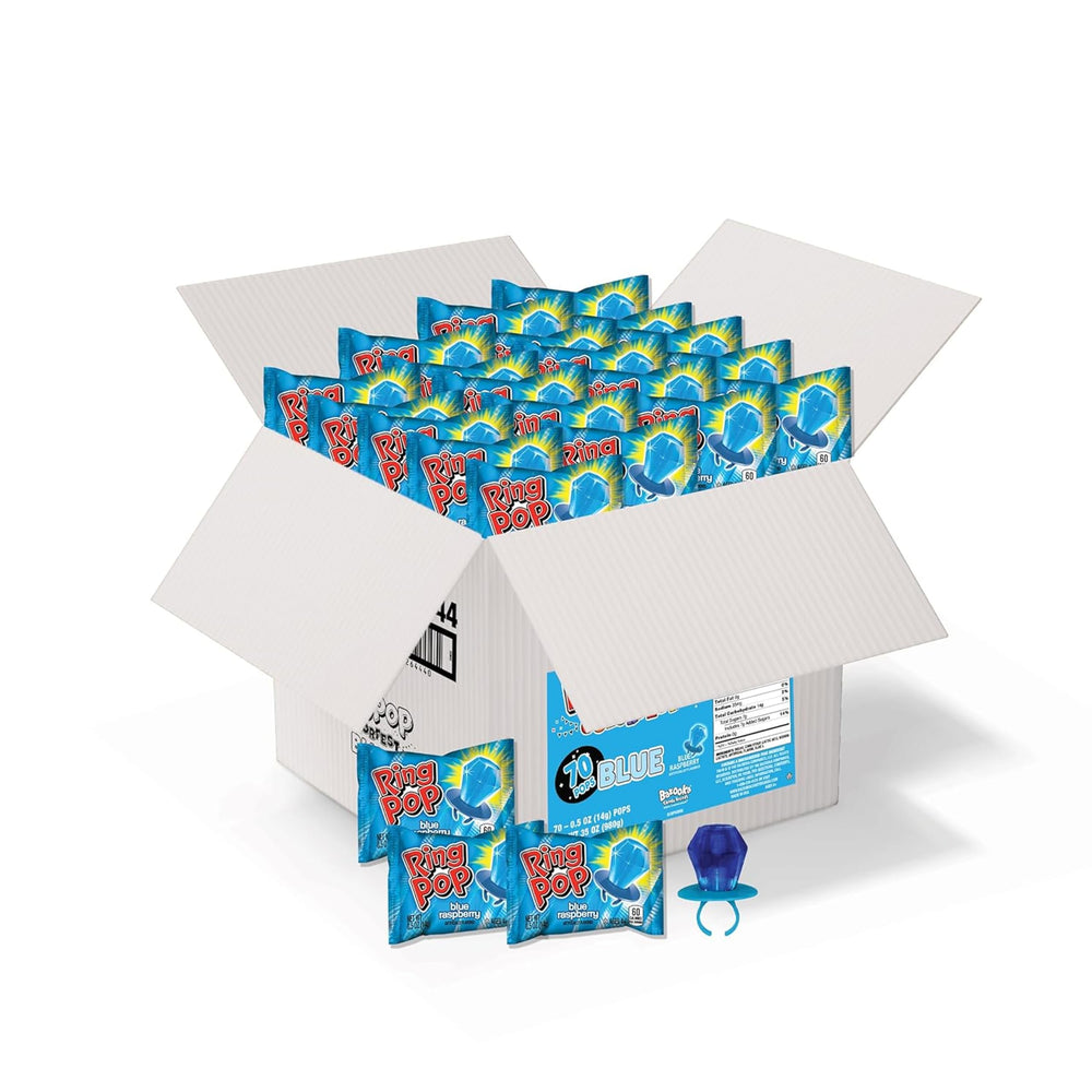 Ring Pop front packaging showing 70-count box and blue rings for easy party planning