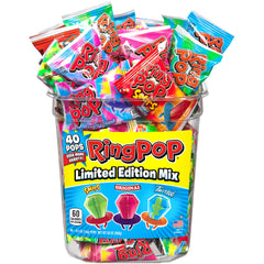 Ring Pop front packaging showing 40-count bag and variety — brand freshness