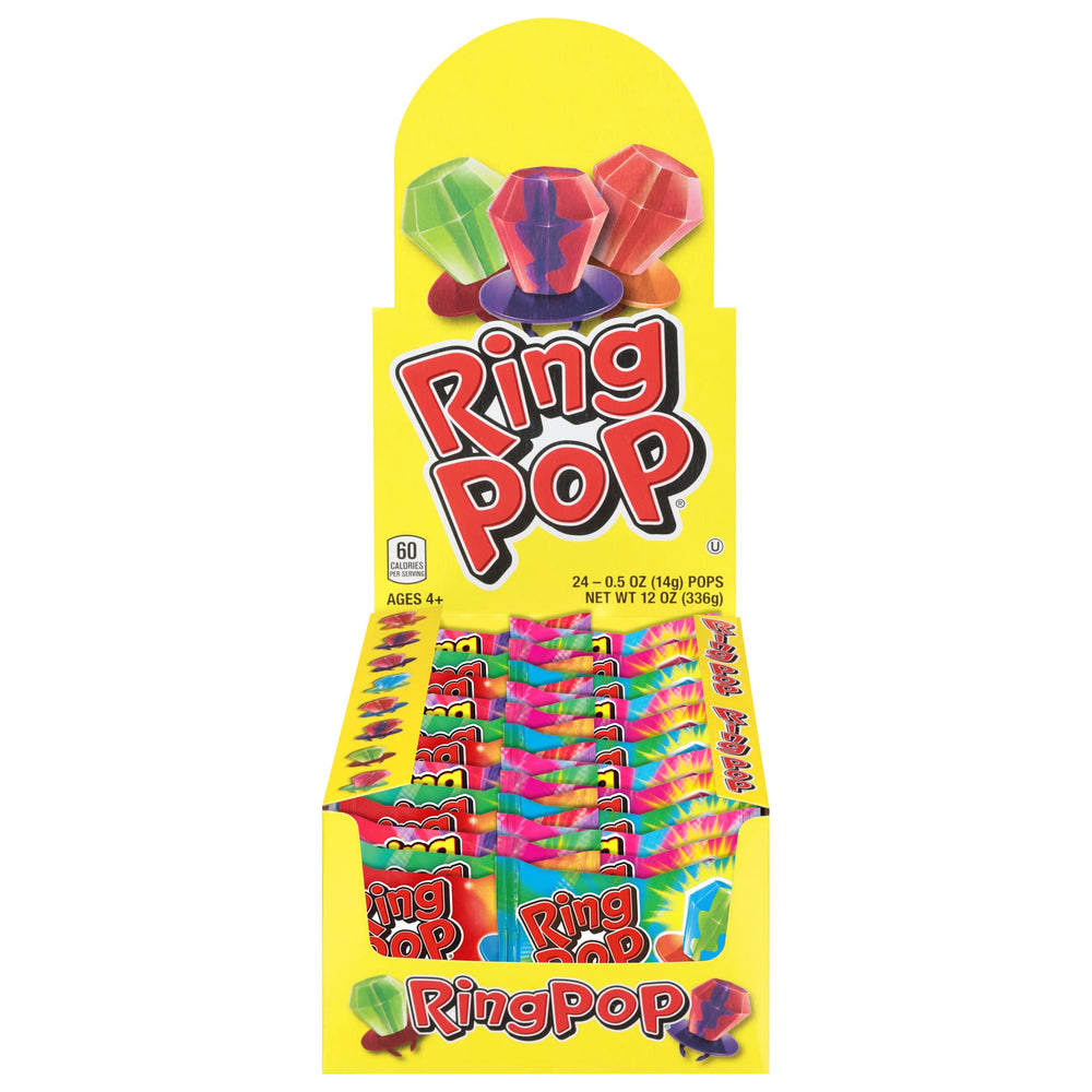 Ring Pop front packaging showing 24-count variety pack and bright colors, brand fun