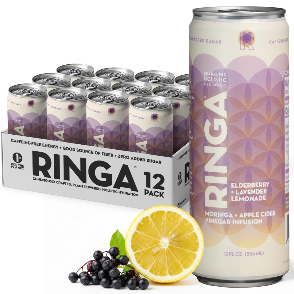 RINGA front can showing elderberry lavender lemonade branding and zero-sugar benefit