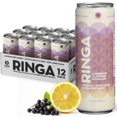 RINGA front can showing elderberry lavender lemonade branding and zero-sugar benefit