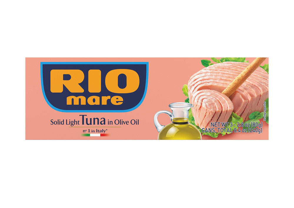 Rio Mare front can in olive oil shown open with flaky tuna, versatile for salads