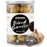 RioRand jar front view showing the black garlic and clear labeling for pantry-ready use