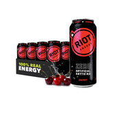 RIOT Energy front can showing cherry branding and 160mg caffeine benefit