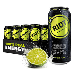 RIOT Energy front can view showing citrus lime label and convenient 16 fl oz size