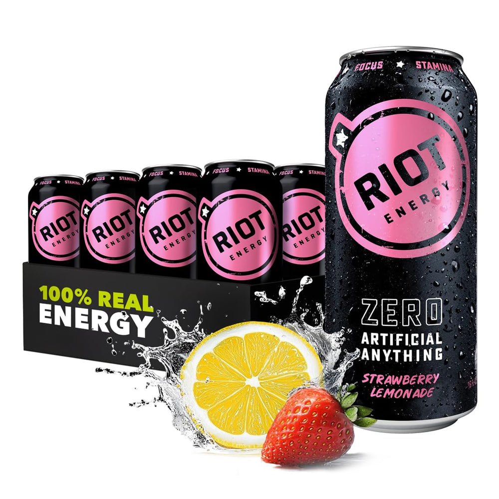 RIOT Energy front pack showcasing strawberry lemonade flavor and grab-and-go convenience