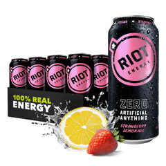 RIOT Energy front pack showcasing strawberry lemonade flavor and grab-and-go convenience