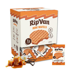Rip Van Wafels front packaging showing low carb benefits and 32 pack convenience