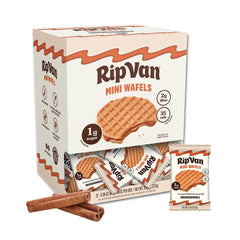 Rip Van Wafels front packaging showing Snickerdoodle minis and 32-pack convenience