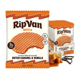 Rip Van Wafels front packaging showing 12 count and low sugar benefit