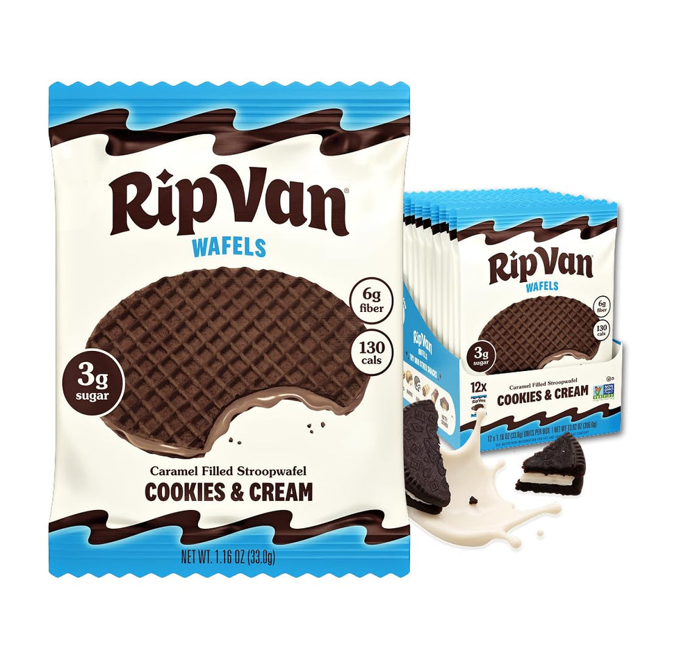 Rip Van Wafels front packaging showing box and branding, highlights portable snack benefit