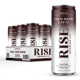 RISE Brewing Co. front-facing 11 fl oz mocha cold brew can showing branding and label, convenient grab-and-go