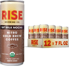 RISE Brewing Co. front can showing oat milk mocha branding and convenience