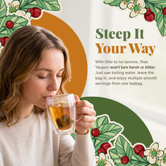Rise Yaupon brewed cup steaming to show warm comfort and gentle caffeine lift