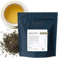 Rishi Tea front packaging showing 1 lb bag and organic label benefit