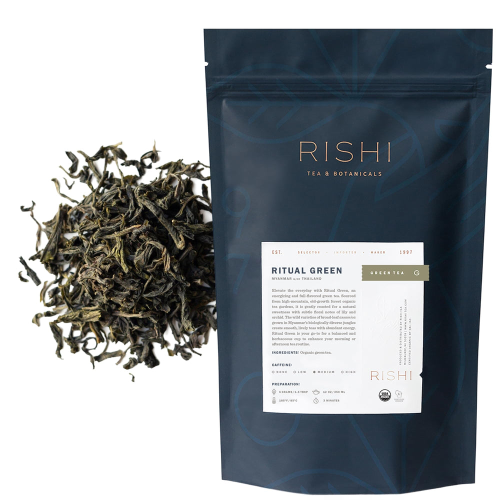 Rishi Tea front packaging showing organic label and clear product identity for informed choice