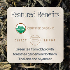 Rishi Tea sachet close-up showing full-leaf pouch for fuller infusion and richer flavor
