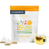 Rishi Tea front packaging showing 30-count resealable bag and organic label benefits