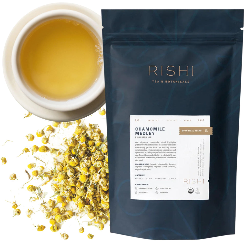 Rishi Tea front packaging showing 4oz container and quality branding benefit