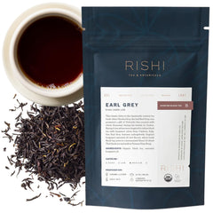 Rishi Tea front packaging showing organic Earl Grey and 4oz weight benefit clarity