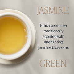 Rishi Tea loose green tea leaves with jasmine blossoms showing origin and freshness
