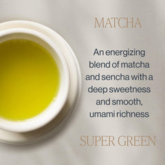 Rishi Tea brewed cup top view showing vivid green color and inviting foam