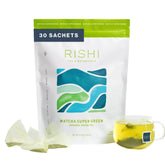 Rishi Tea front packaging showing resealable 30-count bag and branding benefits