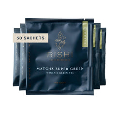 Rishi Tea front packaging showing organic 50ct sachets and product benefit convenience
