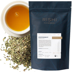Rishi Tea front tin showing packaging and organic badge for easy shelf recognition