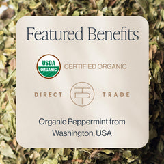 Rishi Tea close-up of loose peppermint leaves revealing texture and fresh aroma