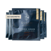 Rishi Tea front packaging showing 50ct box and organic label benefits