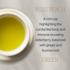 Rishi Tea brewed cup top view showing golden-green liquor and citrus-peach aromatics for refreshing flavor