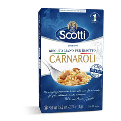 Riso Scotti front packaging showing 1 kg bag and clear branding benefits freshness