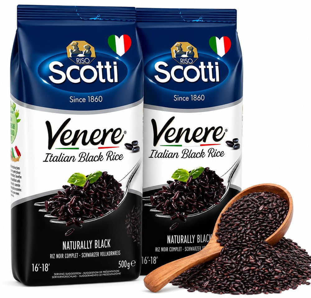 Riso Scotti front packaging showing Venere rice and premium branding benefits