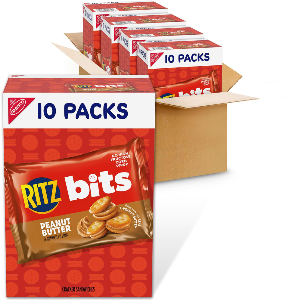 RITZ front packaging showing forty single-serve peanut butter snack packs and benefits
