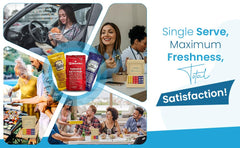 RiverBlue packets beside a sandwich to show compact size and portability