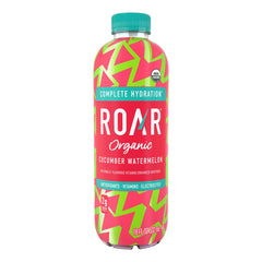 Roar close-up of bottle label and coconut-water texture highlighting organic ingredients and vitamin benefits