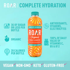 Roar Organic bottle label close-up showing organic ingredients and vitamins