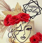 Roaring Good Time red acrylic lady face topper front view adds bold modern focal point