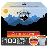 Roast Ridge front packaging showing Cinnamon Swirl label and 100-count convenience