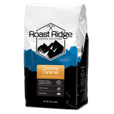 Roast Ridge front packaging showing coconut caramel flavor and 2 lb weight for clear shelf appeal