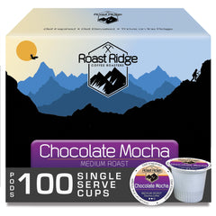 Roast Ridge front packaging showing 100-count and chocolate mocha benefits