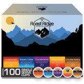 Roast Ridge front packaging showing 100-count variety pack and flavor list for easy selection