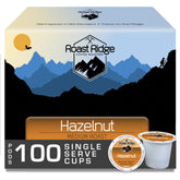 Roast Ridge front packaging showing 100-count hazelnut K-Cup pods and branding benefit