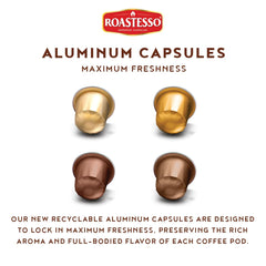 Roastesso capsules lined up showing four flavored varieties for easy picking