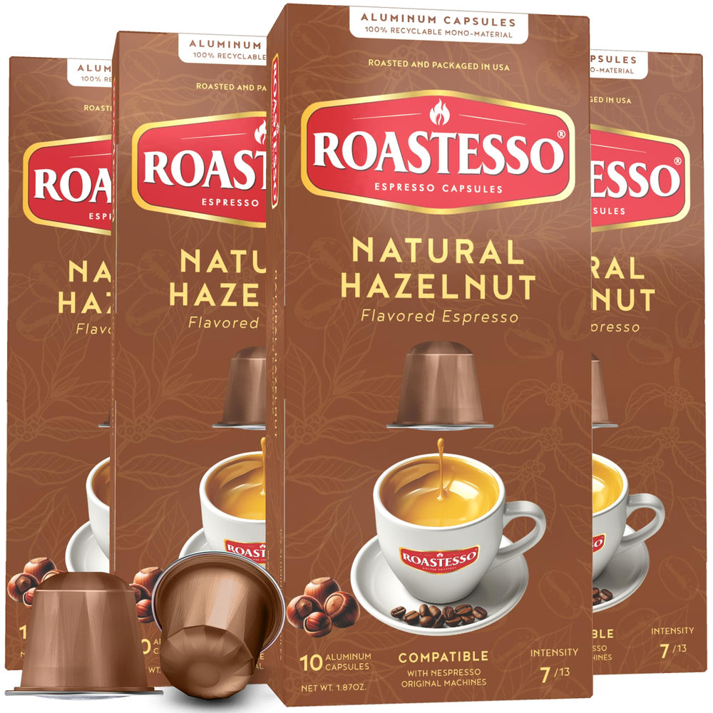 Roastesso front packaging showing hazelnut pods and 40 count benefit